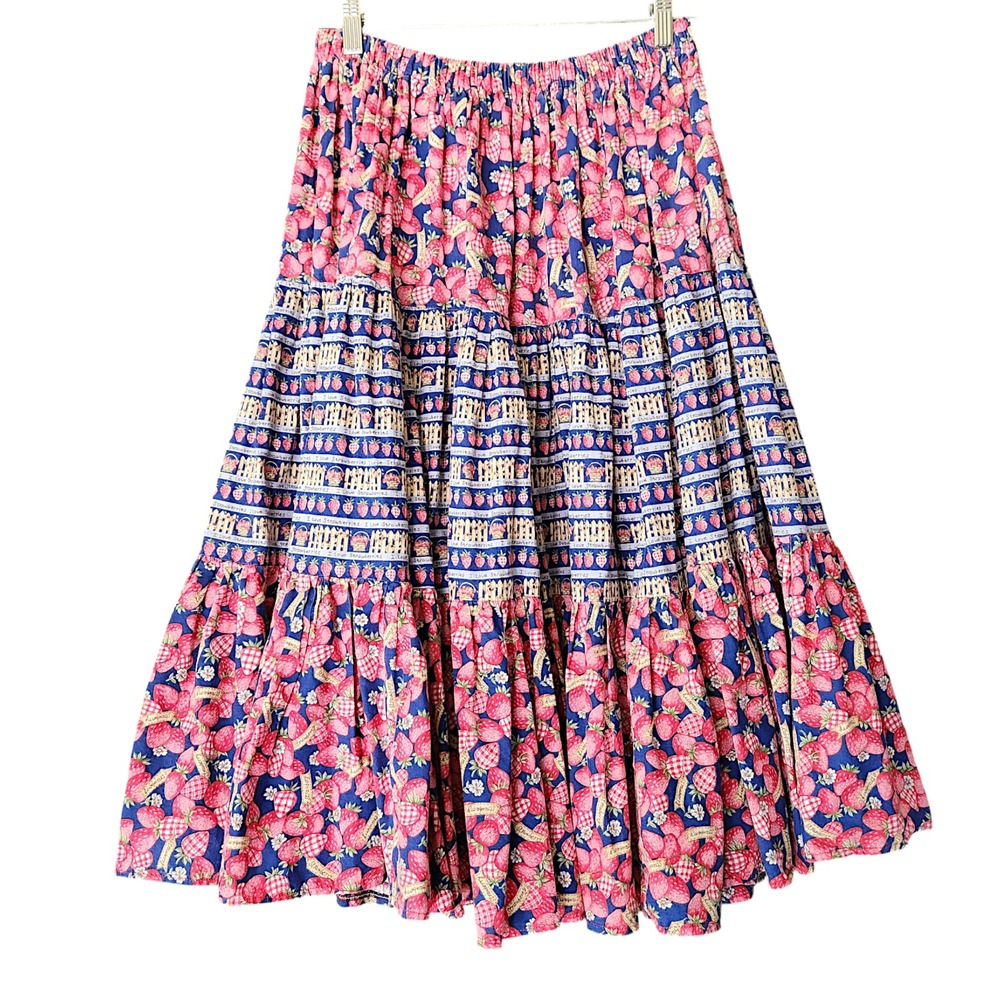 Vintage Handmade Strawberry Patchwork Midi‎ Skirt M/L Cottagecore Hippie Prairie